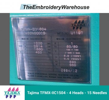 Tajima TFMX-IIC1504 - 4 Heads - 15 Needles Commercial Embroidery Machine